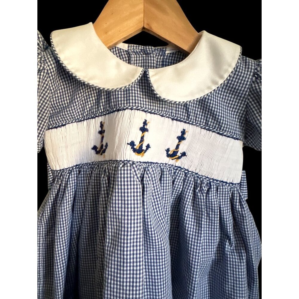 Vintage Smocked Toddler Dress With Anchor Embroidery & Peter Pan Collar - Picture 6 of 12